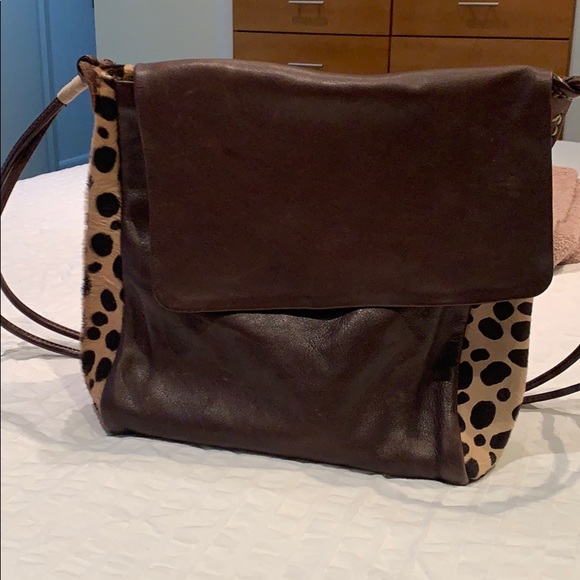 Brown leather and pony fur purse